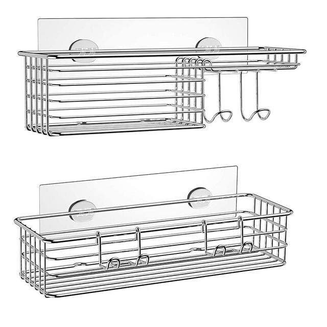 SMARTAKE 2-Pack Shower Caddy, Combined Bathroom Shelf with Soap Dish and Hooks for Hanging Razor Brush Sponge, Wall Mounted Rustproof Basket with Adhesive, No Drilling, 304 Stainless Steel, Silver