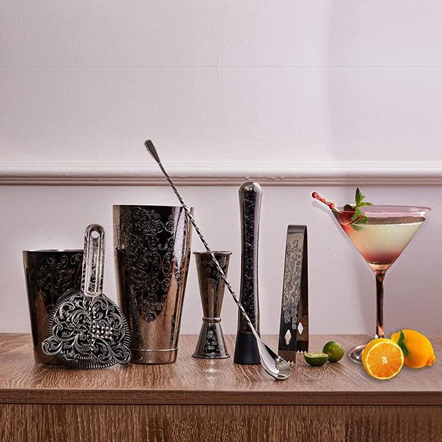 SKY FISH Bartender Kit Cocktail Shaker Set-7 Pieces Stainless Steel Black Plated Etching Bar Tools With Boston Shaker Tins,Mixing Spoon,Mojito Muddler,Japanese Double Jigger,Hawthorne Strainer