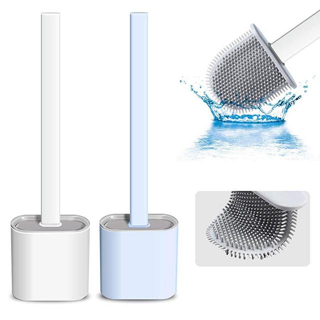 Silicone Toilet Brush and Holder Set Mounted Silicone Toilet Bowl Brush Deep Cleaning Non-Slip Long Plastic Handle Bendable Brush Head Clean Toilet Corner Easily Silicon Brush(White+Sky Blue)