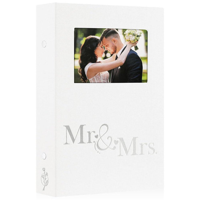 Lanpn Wedding Photo Album 4x6 300 Pocket Photos Slip in, Linen Cover Large Capacity Newlywed Marriage Window Album Hold 300 Horizontal Photos (Mr & Mrs, White)