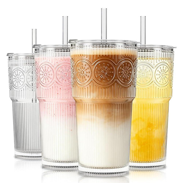 SoulTimes 20oz Ribbed & Floral Glass Tumbler Set of 4 – Reusable Glass Cups with Lid and Glass Straw, Iced Coffee Cups for Water, Smoothie, Milk, Cocktail & More – Perfect for Daily Use & Travel
