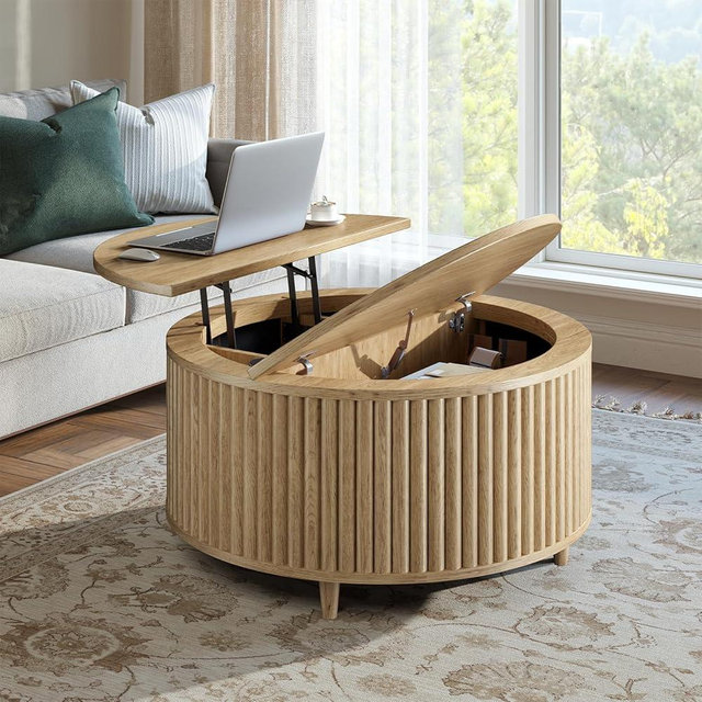 Evermagin 31.5'' Oak Round Coffee Table, Fluted Lift Top Coffee Table with Large Storage, Mid Century Modern Small Center Table for Living Room