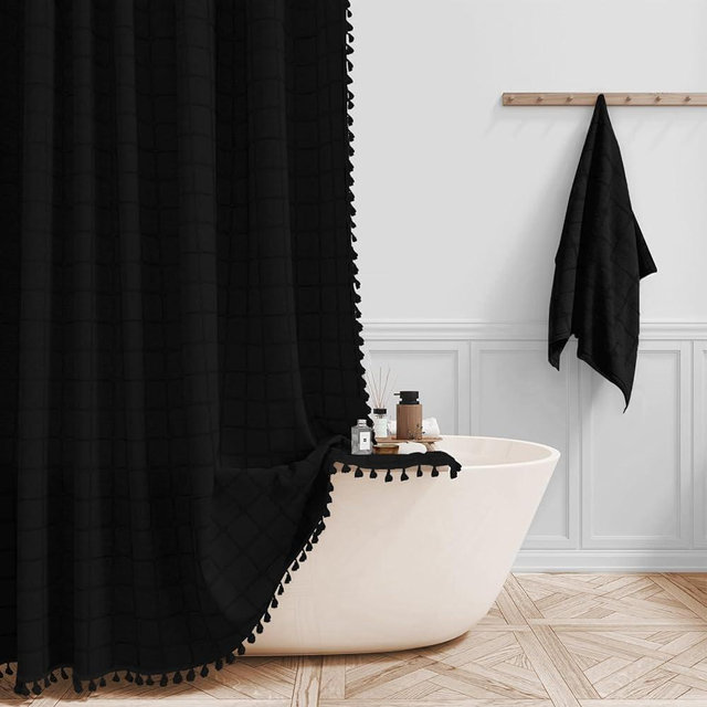 BTTN Black Boho Farmhouse Shower Curtain, Linen Rustic Heavy Duty Fabric Shower Curtain Set with Tassel, Water Repellent, Bohemian Vintage Country Thick Cloth Shower Curtains for Bathroom, 72x72