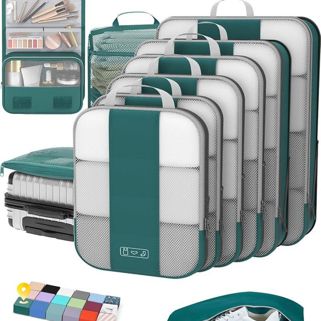 10 Set Compression Packing Cubes for Travel Essentials,Compressible Expandable Packing Cubes for Suitcase,OlarHike Luggage Organizer Bags,Handy Helper for Organizing Clothes(Dark Blue Green)