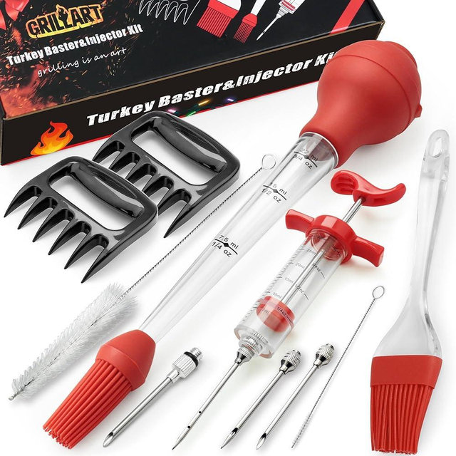 Professional Turkey Baster Meat Injector Syringe Kit, with Basting Brush & Meat Shredder Claws, Marinade Injector Turkey Baster Large Capacity for Cooking, Smoking, BBQ, Christmas Gifts for Women/Men