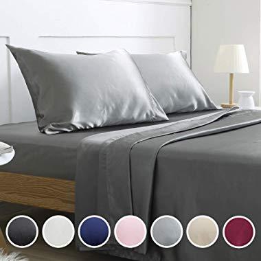 Vonty Satin Sheets King Grey Silky Satin Sheet Set, Deep Pocket Fitted Sheet + Flat Sheet + Pillowcase Bedding Set 4pcs