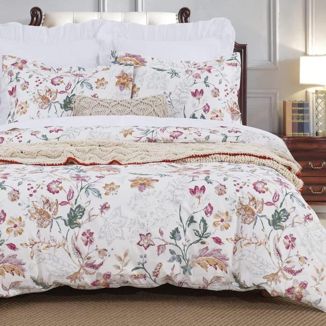 DAUAOTO King Size Duvet Cover Set - 104"x90" Cover + 2 Shams, 100% Cotton Bedding Sets Farmhouse Pattern, Elegant Botanic Floral Print