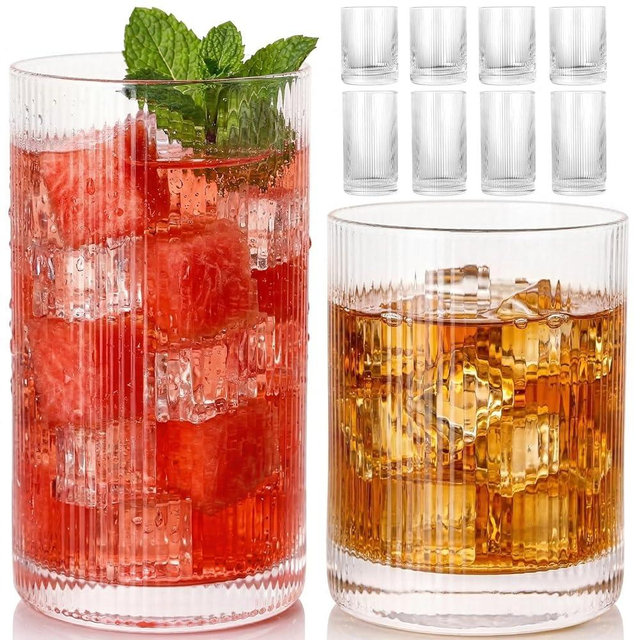 JOVGANK Drinking Glasses Set of 8 – Lead-Free Crystal Glassware, 4 Tall 15oz & 4 Short 10oz Vintage Ribbed Tumbler Glasses, Dishwasher Safe, for Juice Beer Cocktails, Great Housewarming Gift, Set A
