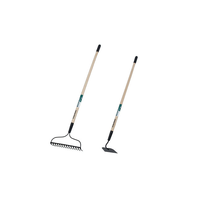 2-Piece Garden Tool Set with Bow Rake and Hoe for Soil Preparation and Landscaping - Union Tools