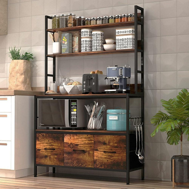 NAIYUFA Kitchen Bakers Rack with Baskets,5-Tier Free Standing Storage Shelf Rack,Industrial Microwave Oven Stand,Metal Kitchen Rack Organizer with Hooks