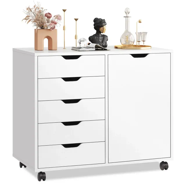 GALAXHERO Storage Cabinet 5-Drawer Wood Dresser Chest with Door, Mobile Printer Stand for Home Office, White