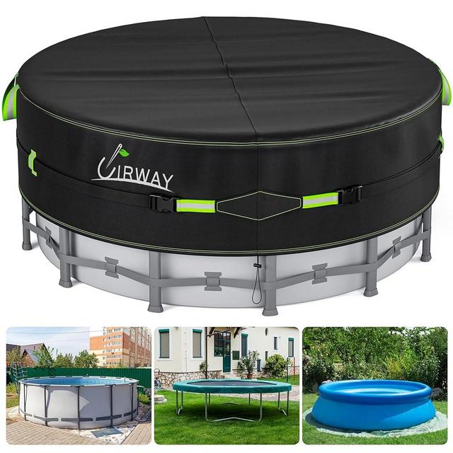 UIRWAY 16 Ft Round Pool Cover with Reflective Strips, Swimming Pool Cover for Above Ground Pools, Solar Cover Including Rope Tie and Luminous Ground Nails, PU Tarp Snug Fit for UV Protected