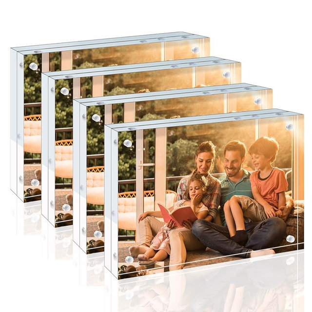 Egofine 4x6 Acrylic Frames 4 Pack, 20mm Thicker Frameless Clear Picture Frames, Double Sided Magnetic Picture Frames, Free Standing Desktop Display