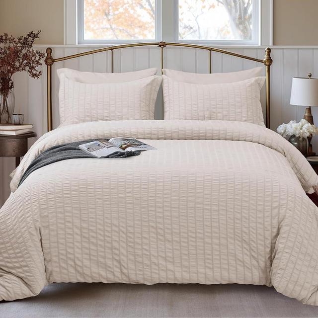 HYMOKEGE Seersucker Duvet Cover Queen 3 Pieces, Beige Duvet Cover Set, Luxury Soft Brushed Microfiber Bedding Set with 1 Comforter Cover & 2 Pillow Shams, 90x90 Inch