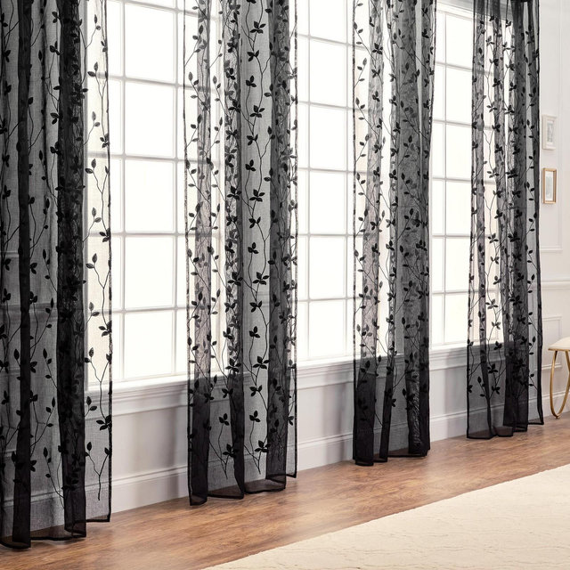 Chanasya 2pk Embroidered Vine Sheer Window Curtain Panels - Set of 2 - 52 x 63 Inches Long - Black