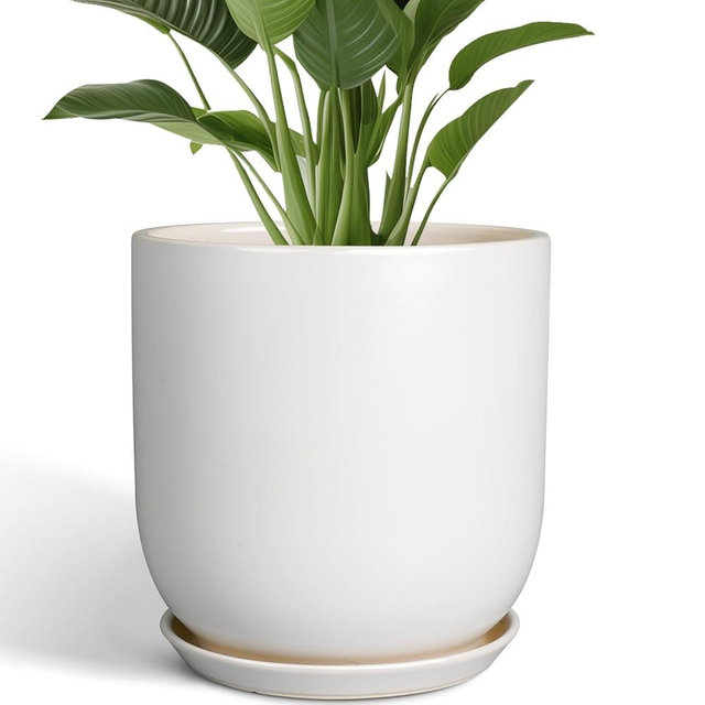 SUNPOTFOR Plant Pot 12 inch - Ceramic Pot for Plants Indoor Outdoor Large Planter Pot with Drainage Hole and Saucer Mid-Century Modern Flower Pot Cylinder White
