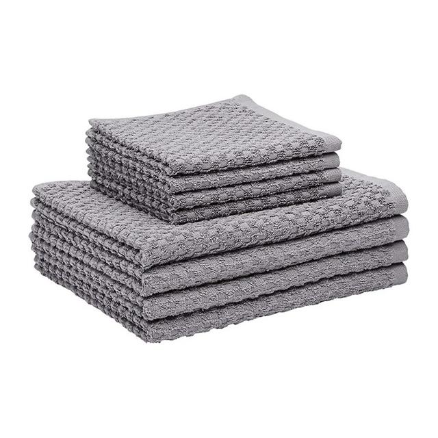 Amazon Basics 100% Cotton Terry Kitchen Dish Cloth & Towel Set, Popcorn Texture - 8-Pack, Grey