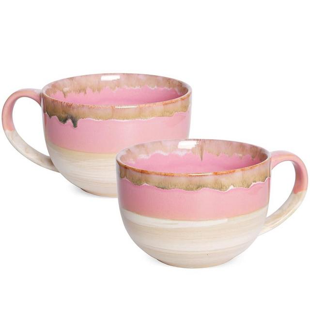 Bosmarlin Ceramic Jumbo Coffee Mug Set of 2, 23 Oz, Large Mug Soup Bowls with Handles, Dishwasher and Microwave Safe (Pink)