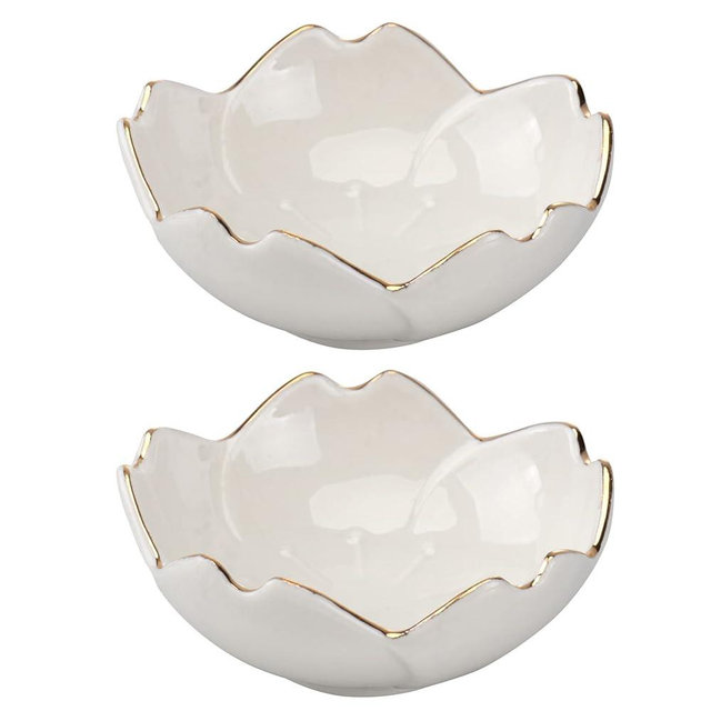 Luxshiny Bowl Pinch Bowls 2pcs Ceramic Bowl, Gold Rim Bowls Flower Appetizer Plates Dipping Bowls for Home Kitchen (White) Sushi Soy Sauce Dish Japanese Decor