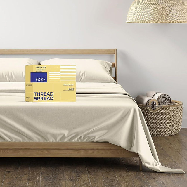 THREAD SPREAD 100% Egyptian Cotton Sheets Queen Size - 600 Thread Count Sheets Queen, 4 PC Luxury Sheet Queen Size, Soft, Cooling Sateen Weave Deep Pocket Sheet Set, Fits Mattress Upto 18"- Ivory