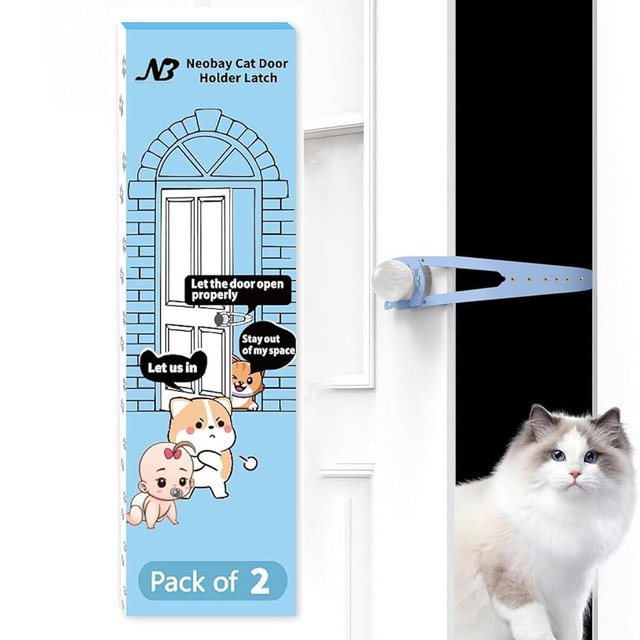 Neobay Cat Door Latch with Stabilizer 2 Packs, 7 Sizes Adjustable Door Latch for Cat to Keep Dog Out of Litter Box, No-Drill Alternative of Pet Gates and Interior Pet Door, Plastic