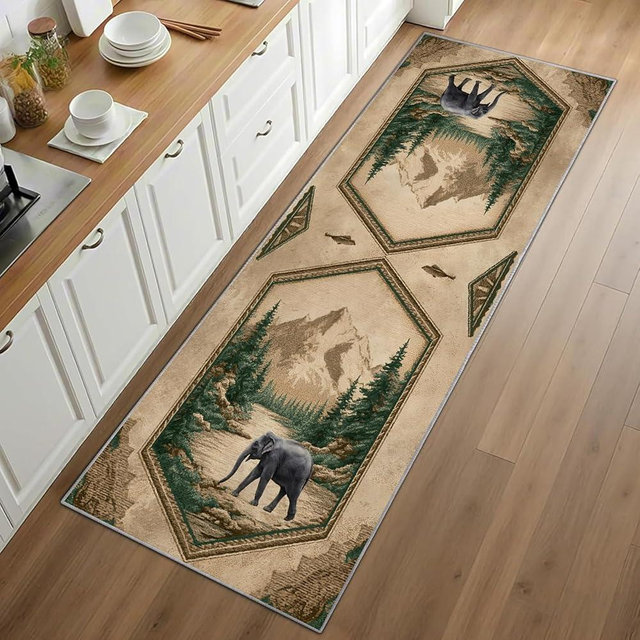 Reocahoo Rustic Elephant Rug for Hallways, 2.6x7ft, Forest Wildlife Runner Rug, Vintage Woodland Rugs, Soft Non Slip Washable Runner Mat - Retro Country Farmhouse Home Decor