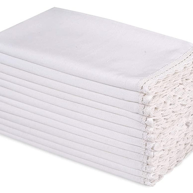 Hausattire Cloth Dinner Napkins in Cotton Flax Fabric with Lace & Tailored Mitered Corners - 20x20 Inches (Set of 12, White)