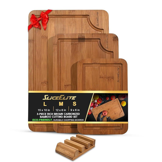 SliceElite Rich Brown Carbonized Bamboo Cutting Board Set 3 Piece Kitchen Boards with Deep Juice Groove Non Slip Silicone Feet Space Saving Rack Stand for Chopping Serving Meal Prep and Charcuterie