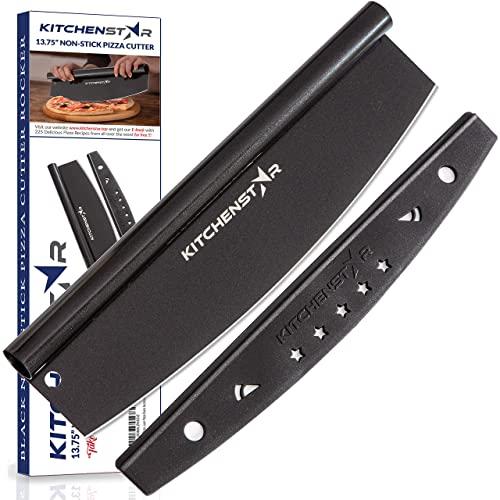 14” Black Non-Stick Pizza Cutter by Kitchenstar | Sharp Stainless Steel Slicer Knife - Rocker Style w Blade Cover | Chop and Slices Perfect Portions + Dishwasher Safe – Premium Pizza Oven Accessories
