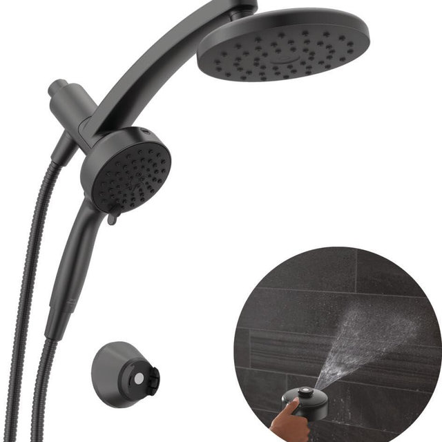 Delta 6-Setting PivotPro 3-in-1 Combination Shower Head with ProClean Spray, Matte Black Round Shower Head Rainfall with Handheld Spray, 1.75 GPM, Matte Black 75648BL