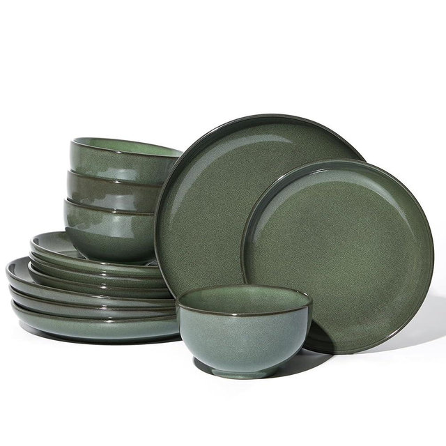 Pokini Stoneware Dinnerware Sets, Ceramic Plates and Bowls Set, Microwave & Dishwasher Safe Kitchen Dishes, Modern Dinner Salad Plates | Cereal Bowls, Dishware Sets Service for 4 Forest Green