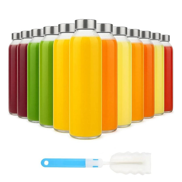 [12 Pack]18 oz Glass Water Bottles with Lids, Juice Bottles, Clear glass juice bottle for juicing, Eco-Friendly Reusable Glass Juicing Bottles with Stainless Steel Lid, BPA Free,Leak-Proof