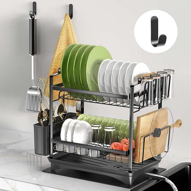 Panchydor Dish Drying Rack,2 Tier Black Large Drying Rack for Kitchen Counter,Rust-Proof Wear-resistant Automatic Draining Dish Rack with Utensil Holder,Cup Holder,Cutting Board Holder,Extra Two Hooks
