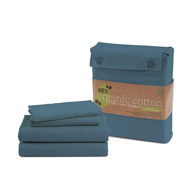 LANE LINEN 100% Organic Cotton Full Sheets Set 4-Piece Pure Percale Soft Bedding Breathable GOTS Certified Fits Mattress Upto 15" Deep - Estate Blue