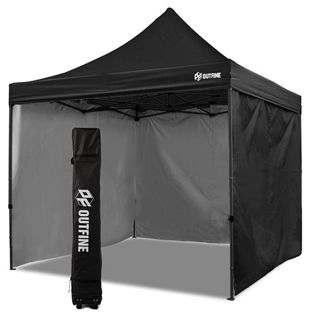 OUTFINE Canopy 10x10 Pop Up Commercial Canopy Tent with 3 Side Walls Instant Shade, Bonus Upgrade Roller Bag, 4 Weight Bags, Stakes and Ropes (Black, 10 * 10FT)