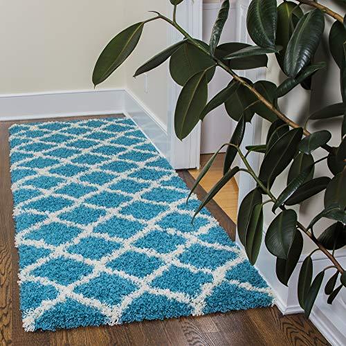 Ottomanson Ultimate Shaggy Collection Moroccan Trellis Design Contemporary Hallway & Kitchen Shag Runner Rugs, Turquiose Blue, 2'7"L X 8'0"W