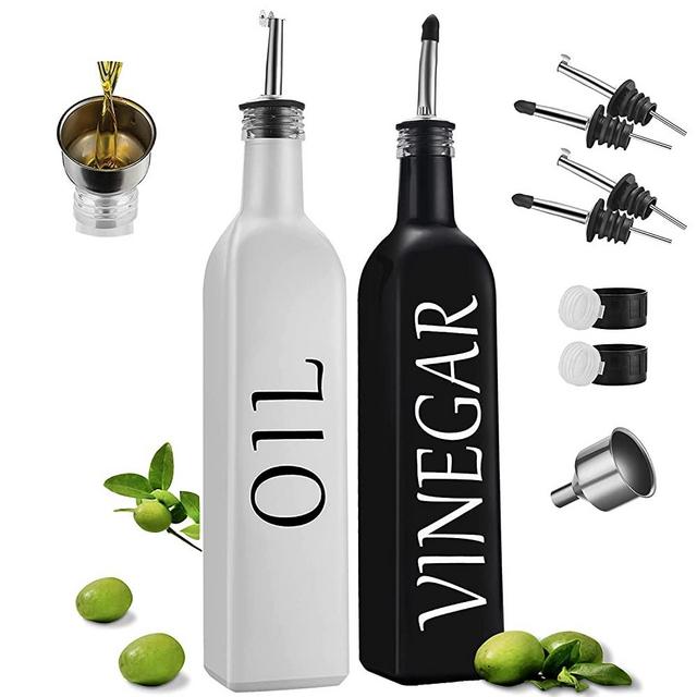 [2021 Newest 2 PACK] Superior Oil and Vinegar Dispenser Set by DWTS - White Olive Oil Dispenser Bottle and Black Vinegar Dispenser Bottle With 4 Pouring Spouts and 1 Funnel 500ml/17oz - Cute Modern Vintage Glass Set for Kitchen