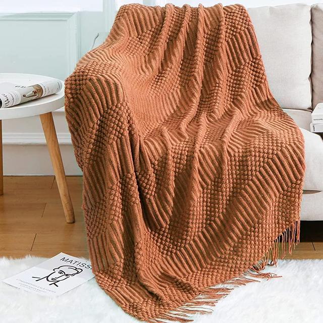Blagic Knitted Throw Blanket for Couch Soft Farmhouse Boho Throw Blanket with Tassels Home Decorative Lightweight Throw Blankets,Rust Throws for Bed/Sofa, Pineapple Textured, 60" W x 80" L