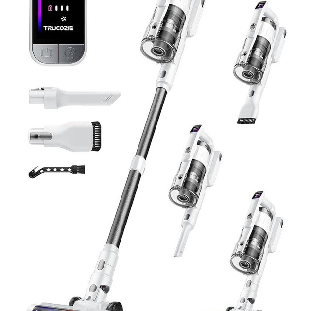 Cordless Vacuum Cleaner for Home, Upgraded 60Kpa Powerful Suction Pet Hair Vacuum with 70min Runtime, Green LED Light for Hardwood Floors & Carpet, Self-Standing Rechargeable Stick Vacuum, Off-white