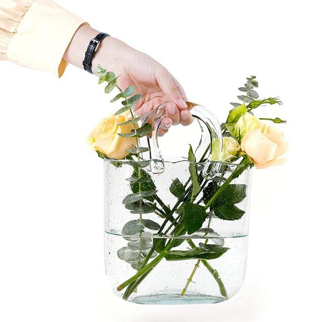 OLEEK Purse vase for Flowers (Handmade) Clear Glass Bag vase -10Inches- Clear, Cool & Cute vase for centerpieces & Fish Bowl - Handbag Unique Flower vase Decorative - Wide Mouth Bubble vase for décor