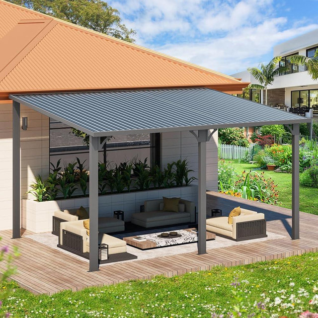 AECOJOY 14' x 10' Hardtop Gazebo Outdoor Pergola, 10x14 Large Heavy Duty Lean to Metal Pergolas and Gazebos on Clearance, Wall-Mounted Grill Gazebo Galvanized Steel Patio Roof Awnings for Patio