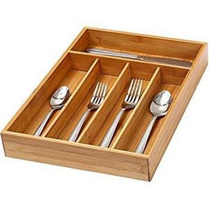 Utensil Cutlery Tray Bamboo wooden Drawer Dividers 5 Compartments Silverware Organizer Kitchen Storage Holder for Flatware Knives Forks Spoons Accessories or Gadgets by BAMBUROBA