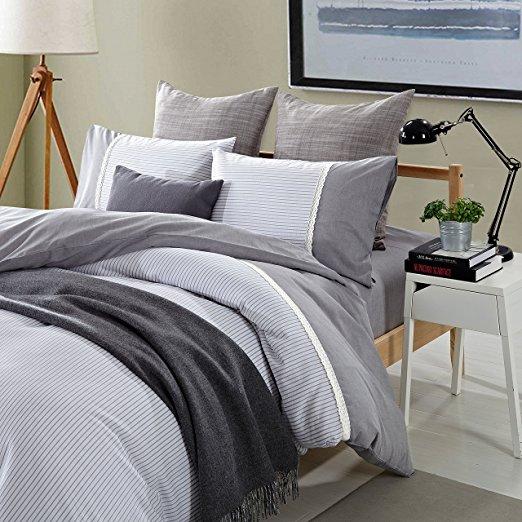 Superior Riverton 100% Cotton Duvet Cover Set with 2 Pillow Shams, Stripe Duvet Cover with Crocheted Lace Trim and Chambray Details - Full/Queen Size