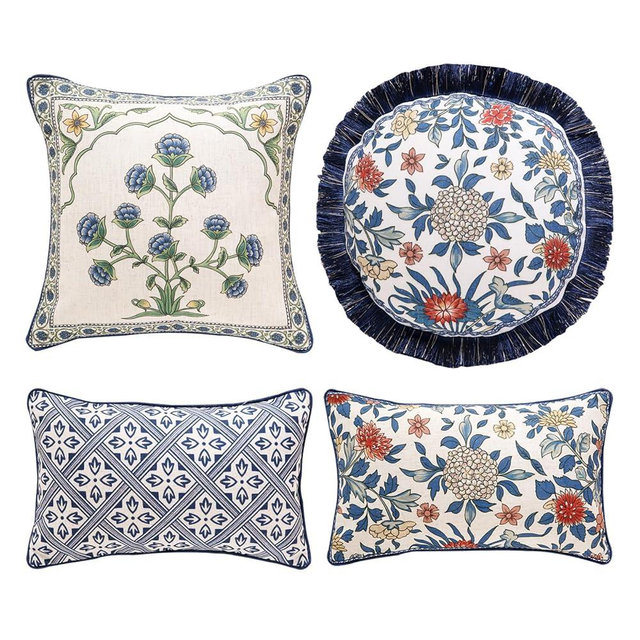 patdrea Designer Floral Linen Throw Pillow Covers,Blue French Cottage Flower Pattern Decorative Pillowcases Cushion for Bed Living Room Outdoor Car,Pack of 4