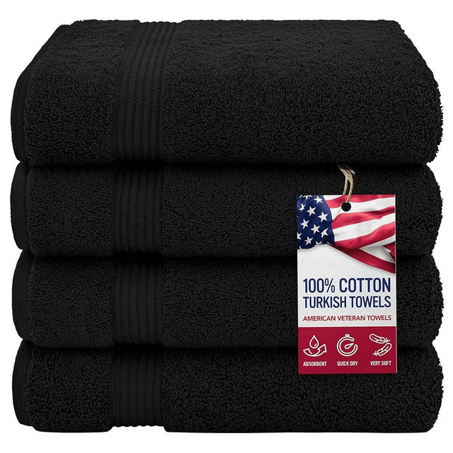 American Veteran Towel, 100% Cotton Turkish Bath Towels for Bathroom 4 Pack Clearance Prime, 27x54 Extra Large Premium Soft Drying Bathroom Towels, Black