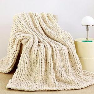 Admitrack Chunky Knit Blanket Throw 51"x63", 100% Hand Knit Chenille Throw Blanket for Sofa & Home Decor, Soft and Cozy Knitted Throw Blankets (Ivory，51"x63")
