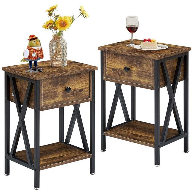 VECELO End Tables, Modern Nightstand with Drawer & Shelf, Night Stand for Bedroom Living Room,Industrial Metal Frame, 11.8" D x 15.8" W x 21.7" H, Antique Brown