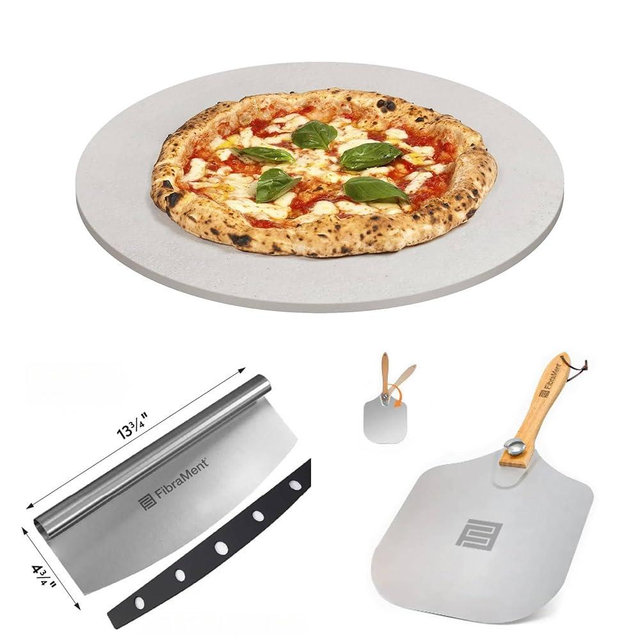 FibraMent-D Premium 3-Piece Pizza Stone Set Perfect for Home Ovens - 13-5/8" Round Pizza Stone, Peel & Rocker Pizza Cutter, Durable Baking Stone for Bread, Pastries Ranked 'BEST OVERALL PIZZA STONE'