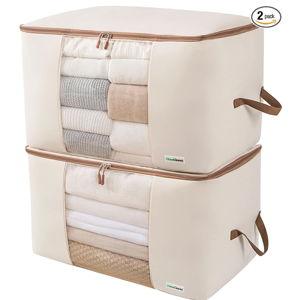 Chaos Cleared Canvas Storage Bags Designer Organizer for Comforters 2 Pack – Seasonal Storage for Pillows, Blankets, Linens & Garments – Foldable Design with Zip & Window, Moth-Proof Space Saver