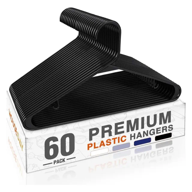 HOUSE DAY Durable Plastic Hangers Light-Weight with Hooks Black 60 Pack